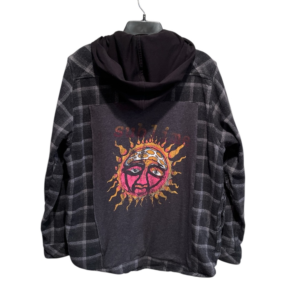 Upcycled Plaid Hooded Flannel with Sublime Graphic Tee Cotton Blend - Large